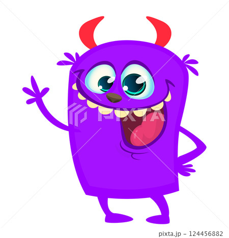 Cartoon cute monster with funny excited face expression waving hands. Vector illustration isolated on white. Halloween design 124456882