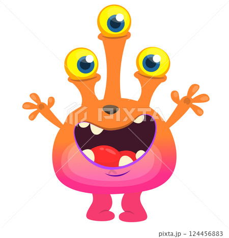 Cartoon cute monster with funny excited face expression waving hands. Vector illustration isolated on white. Halloween design 124456883