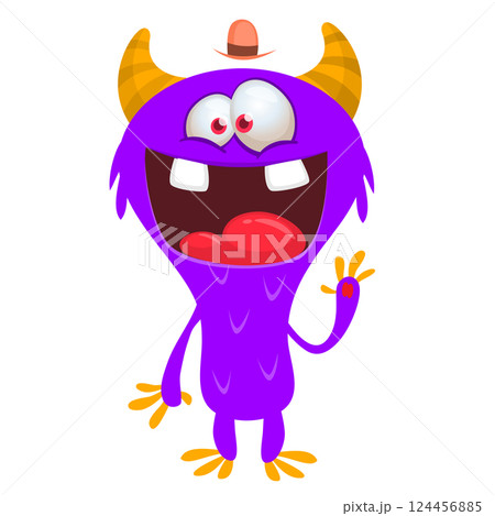 Cartoon cute monster with funny excited face expression waving hands. Vector illustration isolated on white. Halloween design 124456885