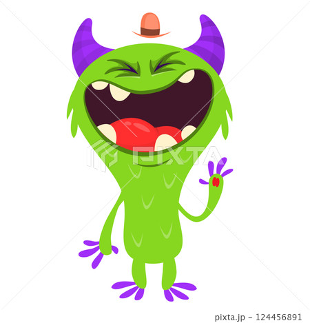 Cartoon cute monster with funny excited face expression waving hands. Vector illustration isolated on white. Halloween design 124456891