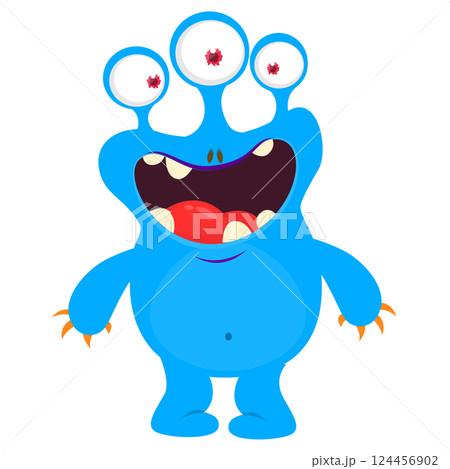 Cartoon cute monster with funny excited face expression waving hands. Vector illustration isolated on white. Halloween design 124456902