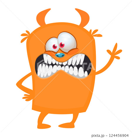 Cartoon cute monster with funny excited face expression waving hands. Vector illustration isolated on white. Halloween design 124456904