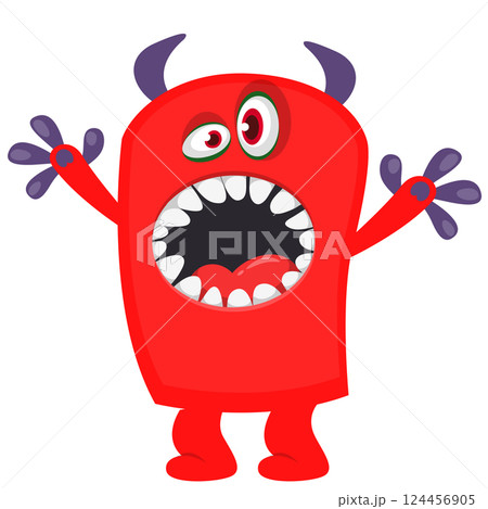 Cartoon cute monster with funny excited face expression waving hands. Vector illustration isolated on white. Halloween design 124456905