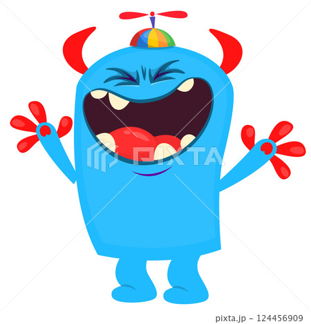 Cartoon cute monster with funny excited face expression waving hands. Vector illustration isolated on white. Halloween design 124456909