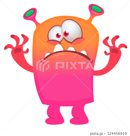 Cartoon cute monster with funny excited face expression waving hands. Vector illustration isolated on white. Halloween design Cartoon cute monster with funny excited face expression waving hands. Vector illustration isolated on white. Halloween design 124456919