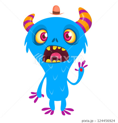 Cartoon cute monster with funny excited face expression waving hands . Vector illustration isolated on white. Halloween design 124456924