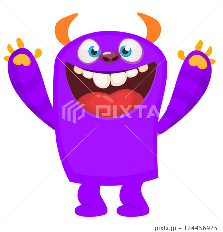 Cartoon cute monster with funny excited face expression waving hands . Vector illustration isolated on white. Halloween design 124456925