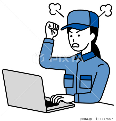 ノートパソコンの画面を見て怒っているつなぎ作業服の女性 124457007