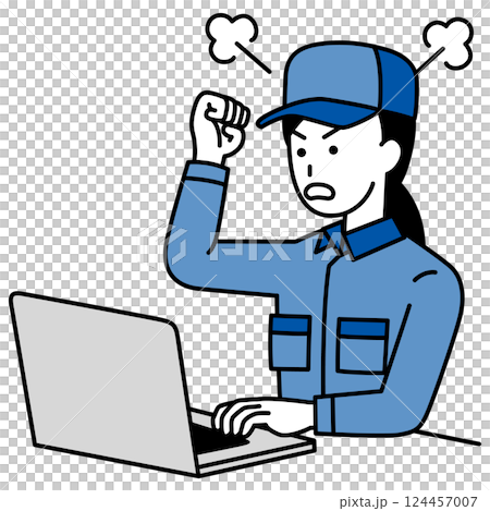 ノートパソコンの画面を見て怒っているつなぎ作業服の女性 124457007