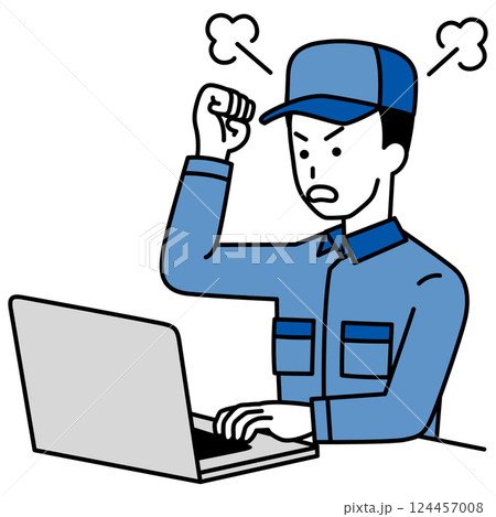 ノートパソコンの画面を見て怒っているつなぎ作業服の男性 124457008