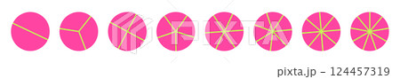 Pink Circular percentage chart with segmented sections, colorful pie graph for business statistics, divided data infographic, geometric cycle template. Flat vector illustration isolated on white 124457319