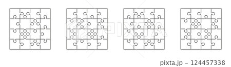 Jigsaw puzzle template with missing pieces, geometric grid pattern, seamless square and rectangle outline design, blank game frame. Flat vector illustration isolated on white background. 124457338