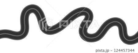 Aerial top view of curved road, highway path with lane markings, race track or street map element, asphalt texture in cartoon style. Flat vector illustration isolated on white background. 124457344
