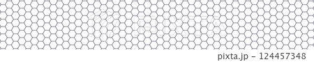 Seamless honeycomb pattern with hexagonal grid, geometric hive texture, white mesh design for bee-themed or tech backgrounds. Flat vector illustration isolated on white background. 124457348