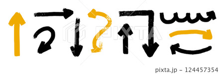 black and yellow Hand-draw brush arrows with doodle marks. Flat vector illustration isolated on white background. 124457354