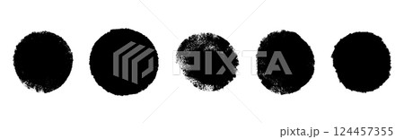 Abstract round brush stroke with rough ink texture and paint splash. Circular stamp shape for graphic design and logos. Flat vector illustration isolated on white background. Abstract round brush stroke with rough ink texture and paint splash. Circular stamp shape for graphic design and logos. Flat vector illustration isolated on white background. 124457355
