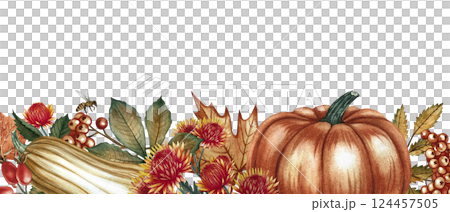 Autumn border frame with pumpkins, flowers, leaves and mountain ash. Handmade watercolor illustration. Color image for autumn holidays, greeting and invitation cards, banners and posters. Autumn border frame with pumpkins, flowers, leaves and mountain ash. Handmade watercolor illustration. Color image for autumn holidays, greeting and invitation cards, banners and posters. 124457505