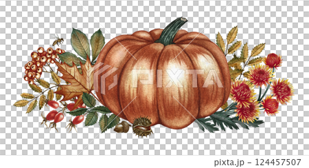 Autumn composition with orange pumpkin, flowers, leaves and mountain ash. Handmade watercolor illustration. Color image of the autumn holiday. For greeting and invitation cards, banners and posters. 124457507