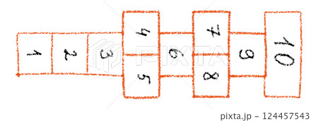 Cartoon hopscotch game with chalk squares, active child playing outside on schoolyard or playground, fun outdoor activity for kids. Flat vector illustration isolated on white background. Cartoon hopscotch game with chalk squares, active child playing outside on schoolyard or playground, fun outdoor activity for kids. Flat vector illustration isolated on white background. 124457543