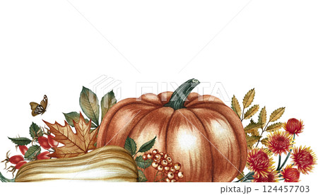 Border frame with pumpkins, flowers and leaves. Handmade watercolor illustration. Color image of the autumn harvest. For greeting and invitation cards, posters, stickers, prints and banners. 124457703