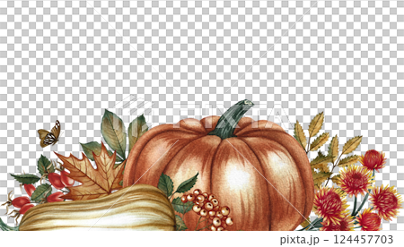 Border frame with pumpkins, flowers and leaves. Handmade watercolor illustration. Color image of the autumn harvest. For greeting and invitation cards, posters, stickers, prints and banners. 124457703