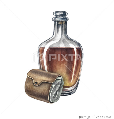 Cognac and a purse full of money. Handmade watercolor illustration. A vintage-style color image with a men's theme. A rich and well-off man. For banners, flyers, invitations, posters. 124457708