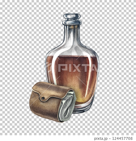 Cognac and a purse full of money. Handmade watercolor illustration. A vintage-style color image with a men's theme. A rich and well-off man. For banners, flyers, invitations, posters. 124457708