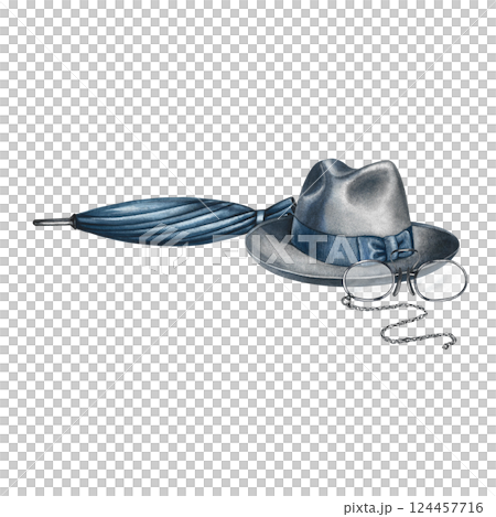 Men's grey hat, umbrella and glasses. Handmade watercolor illustration. Color image of men's accessories. Separate from the background. Perfect for banners, flyers, packages, labels, invitations. Men's grey hat, umbrella and glasses. Handmade watercolor illustration. Color image of men's accessories. Separate from the background. Perfect for banners, flyers, packages, labels, invitations. 124457716