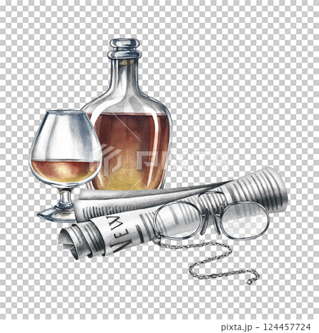 A composition with male attributes. A bottle of cognac with a glass, a newspaper, glasses. Handmade watercolor illustration. Vintage-style color image. For postcards All Men's Day and Father's Day. 124457724
