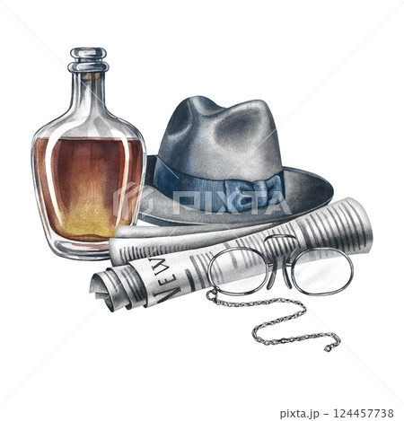 A composition with male attributes. A man's hat, newspaper, glasses and cognac. Handmade watercolor illustration. Vintage-style color image. For postcards, banners, for All Men's Day and Father's Day. 124457738