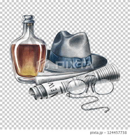 A composition with male attributes. A man's hat, newspaper, glasses and cognac. Handmade watercolor illustration. Vintage-style color image. For postcards, banners, for All Men's Day and Father's Day. 124457738