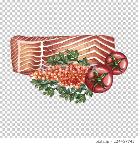 Sliced fillet of red fish with tomatoes, parsley and red caviar. watercolor illustration. hand-drawn. A color image of a fish dish. Great for menus, recipe books, packages, labels. 124457743