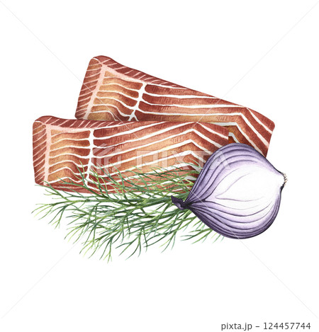 Sliced fillet of red fish with dill and onion. Hand-drawn watercolor illustration. A color image of a fish dish. Separate from the background. For menus, recipe books, packages, labels, invitations. 124457744