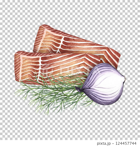 Sliced fillet of red fish with dill and onion. Hand-drawn watercolor illustration. A color image of a fish dish. Separate from the background. For menus, recipe books, packages, labels, invitations. 124457744