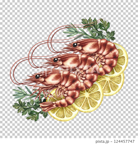Shrimp with lemon and herbs. Handmade watercolor illustration. A color image of a delicious seafood dish. For menus, recipe books, packages, labels, and invitations. Shrimp with lemon and herbs. Handmade watercolor illustration. A color image of a delicious seafood dish. For menus, recipe books, packages, labels, and invitations. 124457747
