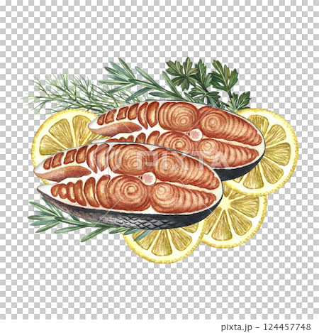 Sliced pieces of red fish with lemon and herbs. Handmade watercolor illustration. A color image of a delicious red fish dish. For menus, recipe books, packages, labels, invitations and banners. Sliced pieces of red fish with lemon and herbs. Handmade watercolor illustration. A color image of a delicious red fish dish. For menus, recipe books, packages, labels, invitations and banners. 124457748
