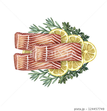 Sliced fillet of red fish with lemon and herbs. Handmade watercolor illustration. A color image of a delicious red fish dish. For menus, recipe books, packages, labels, invitations and banners. 124457749