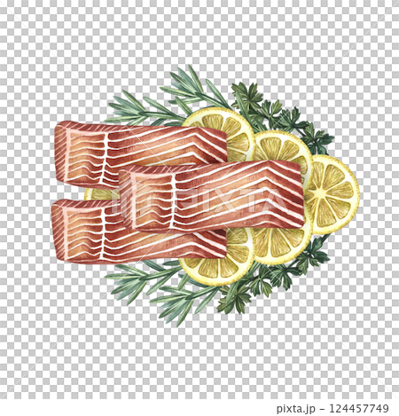 Sliced fillet of red fish with lemon and herbs. Handmade watercolor illustration. A color image of a delicious red fish dish. For menus, recipe books, packages, labels, invitations and banners. 124457749
