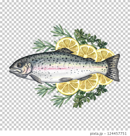Trout with lemon and herbs. A hand-drawn watercolor illustration. A color image of a delicious fish dish. Separate from the background. Perfect for menus, recipe books, packages, labels, invitations. 124457751