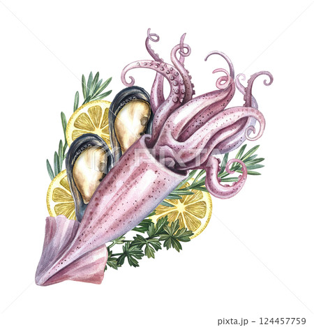 Whole squid with mussels, celery, lemon and rosemary. A hand-drawn watercolor illustration. Color image of seafood. For menus, recipes, packages, labels and invitation flyers. 124457759