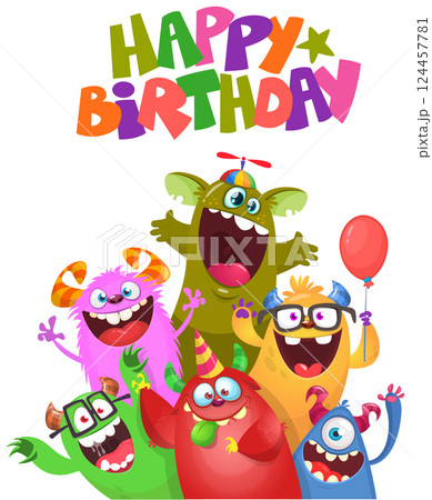Cute cartoon Monsters. Vector set of cartoon monsters with balloons and party hats for birthday party. Illustration isolated 124457781