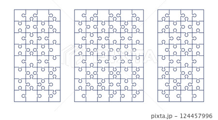 Jigsaw puzzle pieces set, round and square shapes with three-part connection, blank infographic icon for charts. Flat vector illustration isolated on white background. 124457996