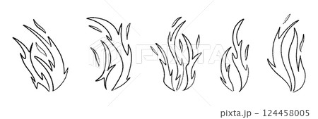 Hand drawn campfire with doodle flames. Retro fire outline and smoke silhouette. Flat vector illustration isolated on white background. Hand drawn campfire with doodle flames. Retro fire outline and smoke silhouette. Flat vector illustration isolated on white background. 124458005