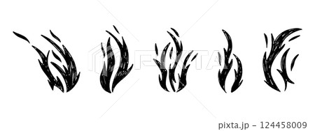 Hand drawn tribal flame with retro rock vibe. Devilish fire sketch in black silhouette. Flat vector illustration isolated on white background. 124458009