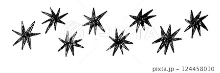 Hand-drawn star and heart icons with crayon, chalk, and scribble strokes. Playful doodle shapes for kids, music, and cartoon designs. Flat vector illustration isolated on white background. Hand-drawn star and heart icons with crayon, chalk, and scribble strokes. Playful doodle shapes for kids, music, and cartoon designs. Flat vector illustration isolated on white background. 124458010