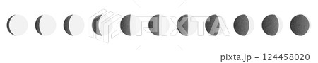 Lunar moon phases with crescent, full, and half cycle, celestial night sky elements, glowing eclipse icon in a sketch-style illustration. Flat vector illustration isolated on white background. 124458020