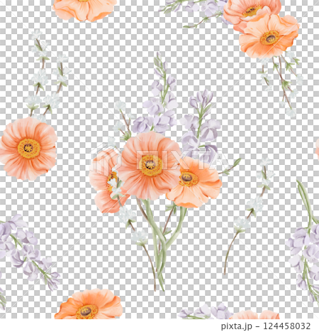 Seamless Pattern with Iceland Poppy, Freesia and Snow Willow Branches. Hand drawn Watercolor Illustration of Spring Wildflowers. For fabric or textile prints, gift packaging paper. Seamless Pattern with Iceland Poppy, Freesia and Snow Willow Branches. Hand drawn Watercolor Illustration of Spring Wildflowers. For fabric or textile prints, gift packaging paper. 124458032