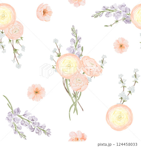 Seamless Pattern with Ranunculus and Freesia, Willow branches. Hand drawn Watercolor Illustration of Spring Flowers. For fabric or textile prints, gift packaging paper. 124458033