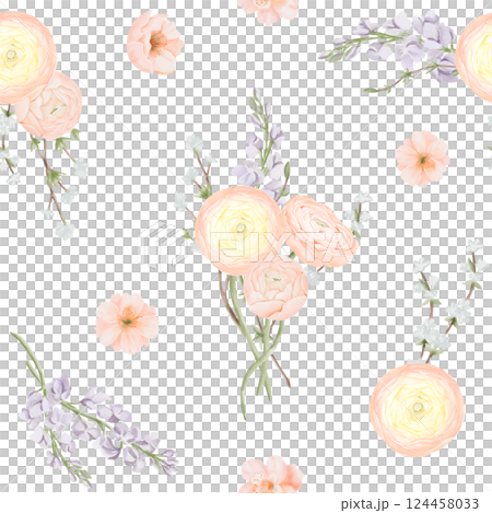 Seamless Pattern with Ranunculus and Freesia, Willow branches. Hand drawn Watercolor Illustration of Spring Flowers. For fabric or textile prints, gift packaging paper. 124458033