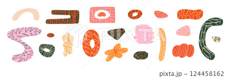 Abstract paper cutout shapes, organic geometric figures inspired, colorful summer texture, creative kid friendly design. Flat vector illustration isolated on white background. Abstract paper cutout shapes, organic geometric figures inspired, colorful summer texture, creative kid friendly design. Flat vector illustration isolated on white background. 124458162